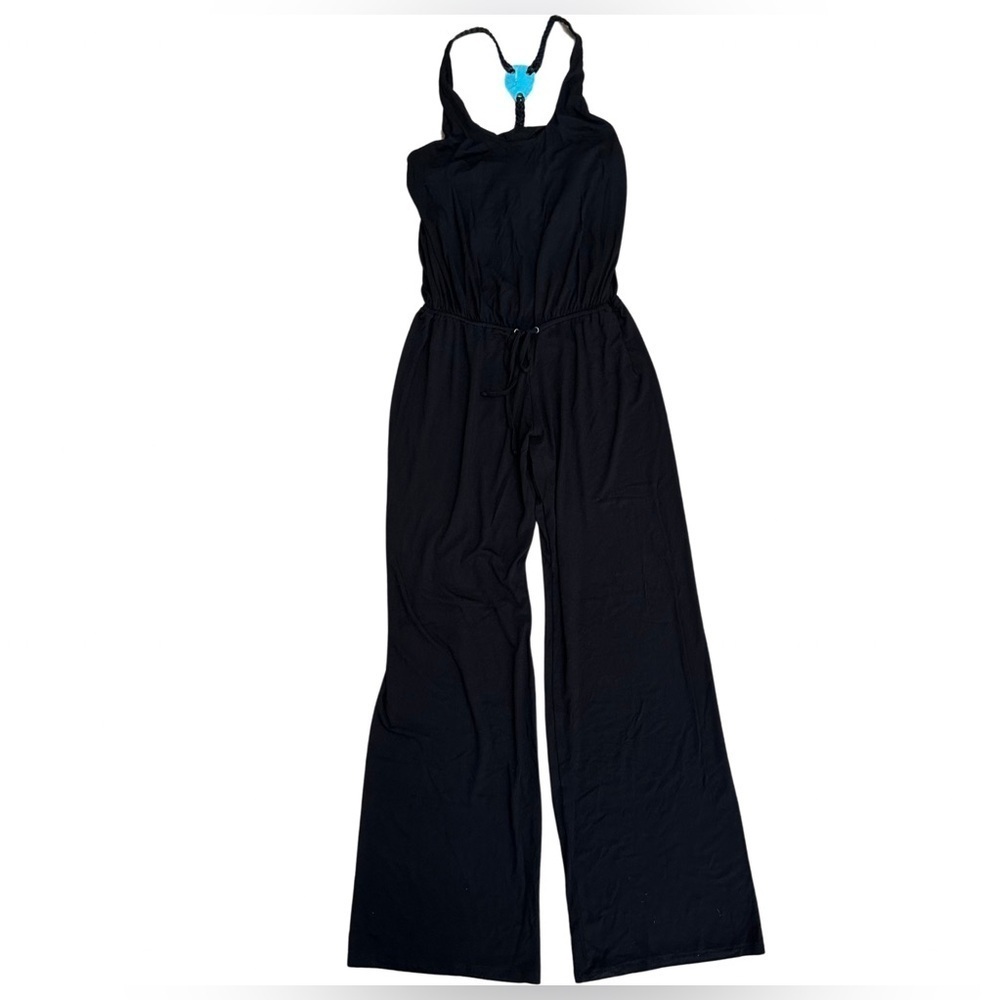 Sky Black Women's Jumpsuit Turquoise Stone & Leather Embellished Back Medium NWT